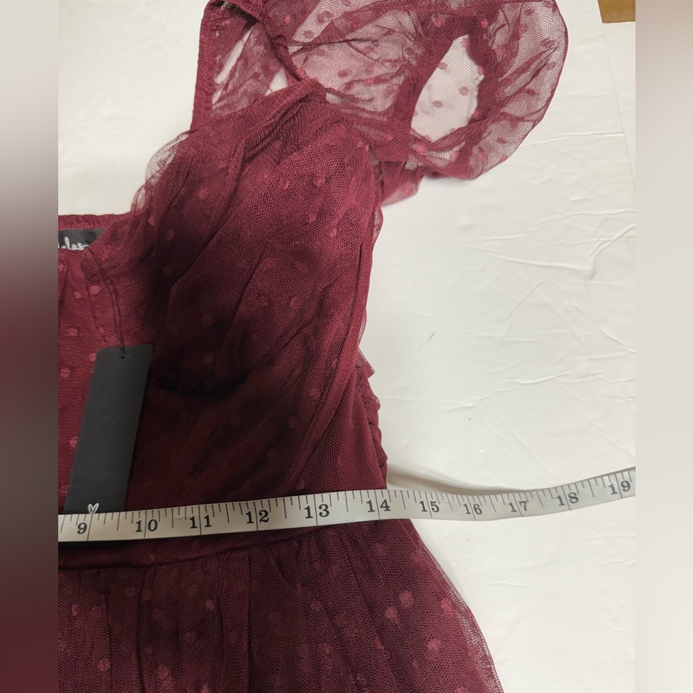 Lulu's Sweet Amor burgundy Tulle Swiss Dot Tiered Bustier Midi Dress Size Large - Picture 11 of 14